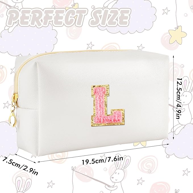 Initial Makeup Bag Personalized Preppy Travel Small Cosmetic Bag Cute PU White Chenille Letter Makeup Pouch for Purse Waterproof Zippered Toiletry Organizer for Women Girls Kids Friends (L)