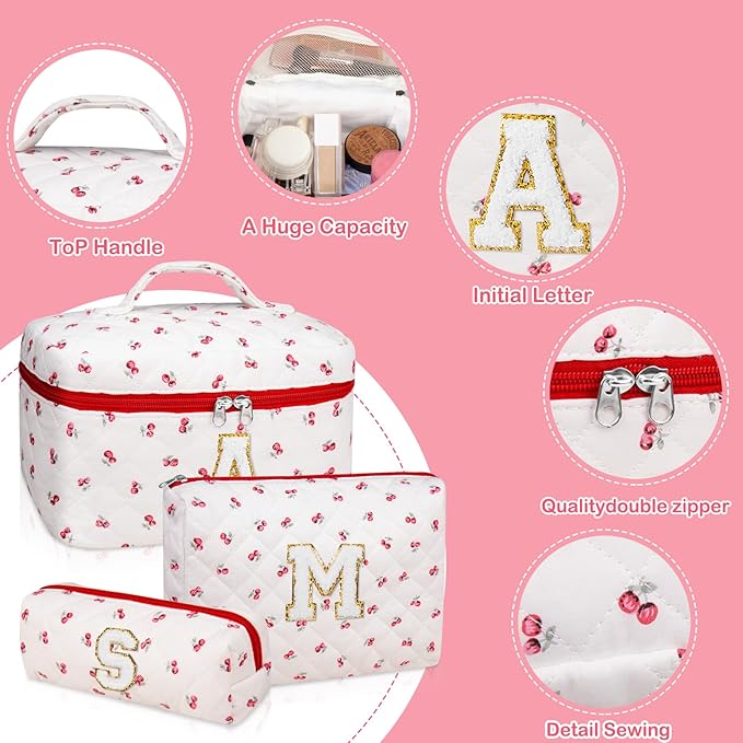 Initial Makeup Bag Set, Personalized Quilted Makeup Bag, Large Floral Cosmetic Bag for Women, Cute Cotton Custom Make up Bags, Flower Travel Toiletry Bag Teen Girl Gift Trendy Stuff Gift Red Cherry K