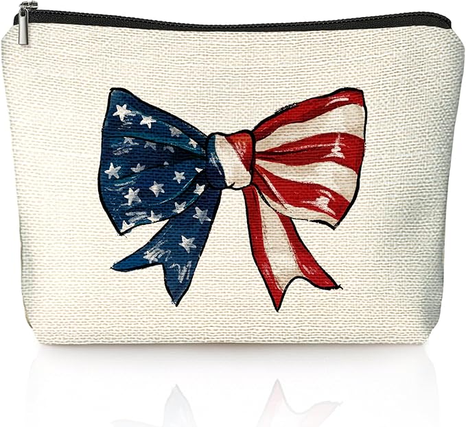 Coquette American Flag Bow Makeup Bag, Gifts for Patriotic Women Cosmetic Bag, Preppy Red White and Blue Bow Small Toiletry Bags Zipper Makeup Pouch