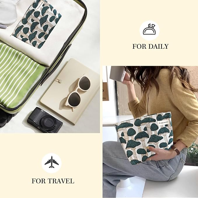 STARDW Cute Makeup Bag Aesthetic Cosmetic Bags for Women Girls, Travel Toiletry Bag Large Capacity Zipper Makeup Pouch, Purse Organizer Pouches,Canvas Lining (Green Mushroom)