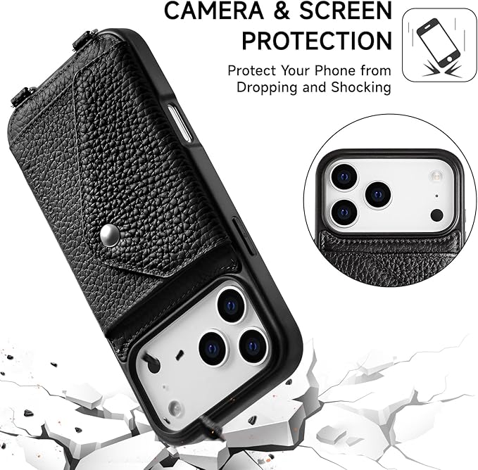 LUCKYCOIN Crossbody Wallet Phone Case for iPhone 17 Pro Max,100% Genuine Leather Wallet Phone Case with Expandable Flip Card Holder,Phone Purse for Women with Adjustable Removable Strap - Pebble Black