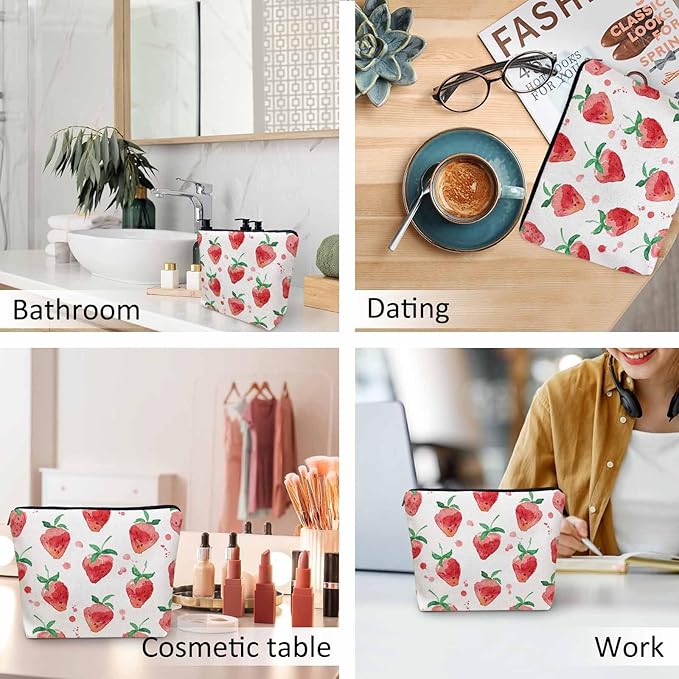 Strawberry Cosmetic Travel Bag For Toiletries, Summer Fruits Strawberry Red Makeup Bag Toiletry Bags For Women, Flax Cosmetic Bags Make Up Bag Purse Toiletries Bag Birthday Gift