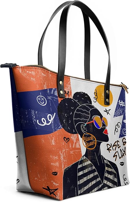 African Black Women's Leather Tote Bag, Large, Premium Vegan Leather, Full Zip, Perfect Christmas Gifts For Women