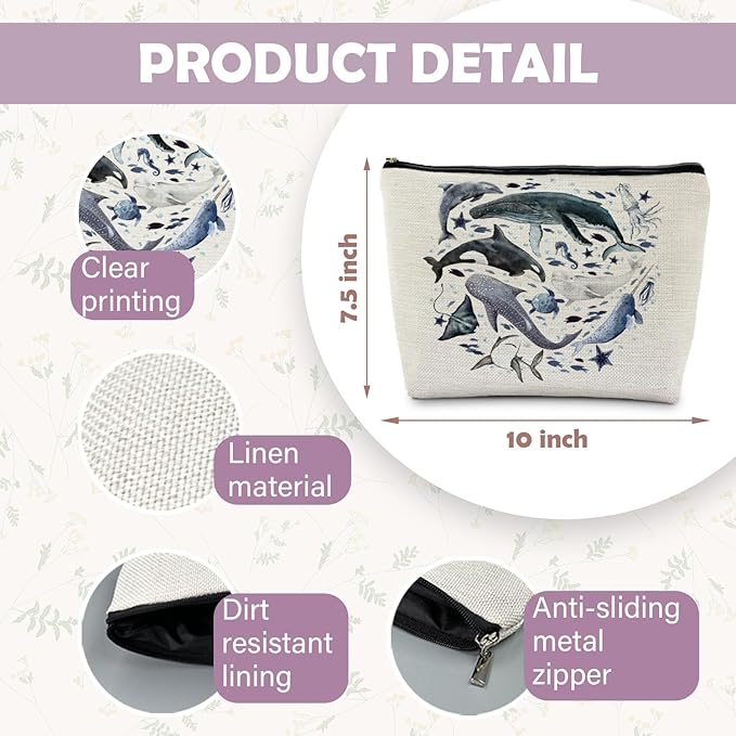 Ocean Animals Shark whale Makeup Bag, Marine Life Animals Cosmetic Bags for Women,Shark Gifts for Women