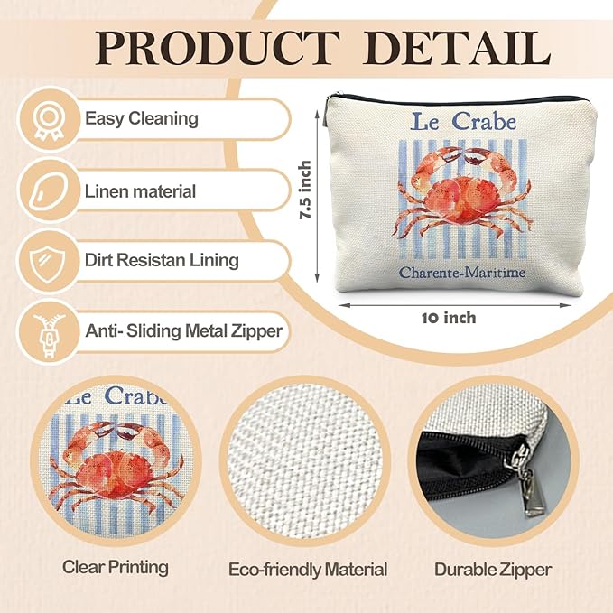 Vintage Crab Beach Makeup Bag, Crab Lovers Gifts Cosmetic Bags for Women, Gifts for Beach Ocean Lovers, Retro Blue Stripes Seafood Aesthetic Zipper Makeup Pouch