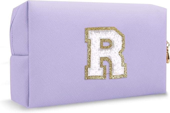 Small Travel Initial Preppy Makeup Bag, Personalized Purple Cute Chenille Letter Cosmetic Organizer Travel Toiltery Zipper Pouch Purse, Monogram Makeup Storage Gift for Friend Birthday Women(Letter R)