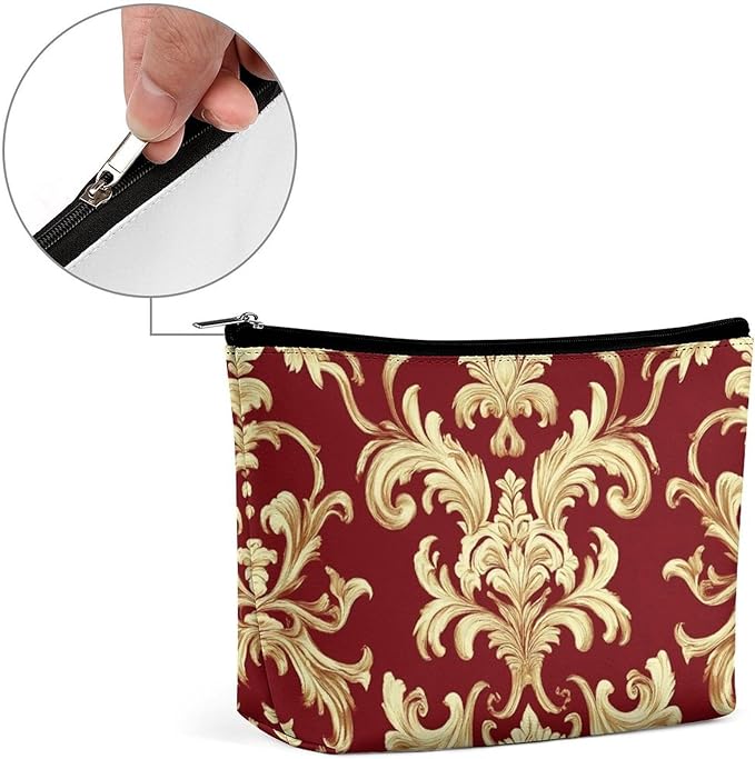 Fashion Zipper Cosmetic Case, Portable Makeup Case, Personality Toiletry Bag, Travel Cosmetic Toiletry Bag Flower Red Gold Floral Classy Burgundy Antique