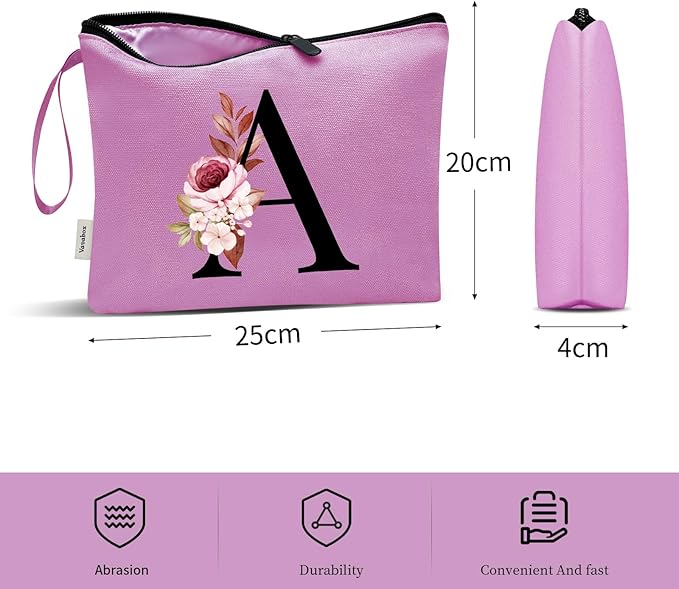 Vavabox A-Z Personalized Makeup Bag, Birthday Gifts for Women Mom, Gifts for Best Friend, Bride Bridesmaid Cosmetic bag (A, Purple)