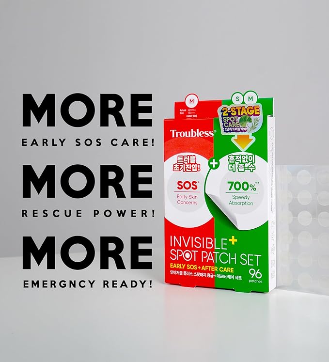 Troubless Invisible Plus Spot Patch EARLY SOS + AFTER CARE Set – Dual Care Hydrocolloid Patches for First Signs and Post-Care – Thin & Comfortable Wear w/ Strong Adhesion (1cm & 1.2cm, 96 ea)