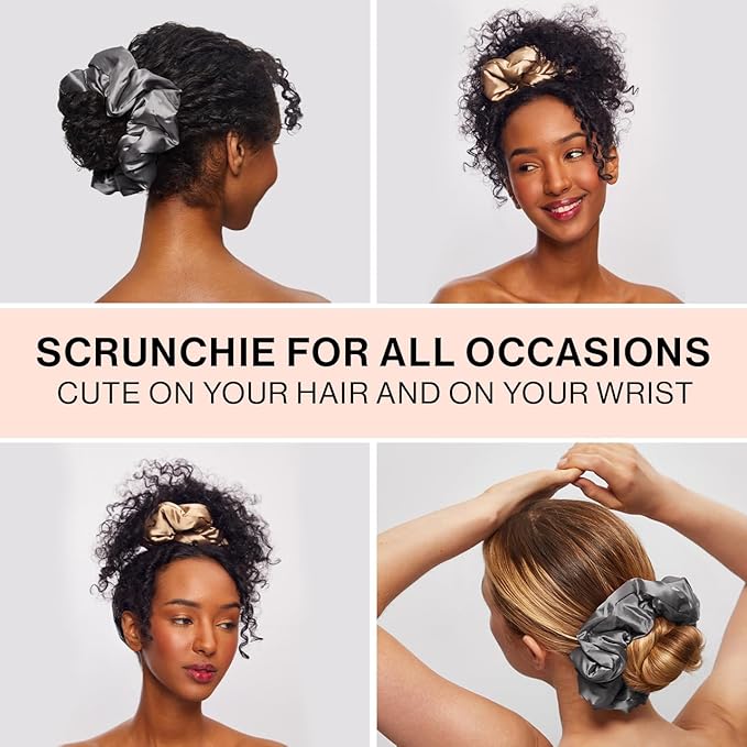 Kitsch Satin Scrunchies for Women - No Crease Hair Ties for Girls | Big Scrunchies for All Hair Types and Textures, Perfect for Day or Night | Ideal Gifts for Women - 2 Pcs, Charcoal and Gold
