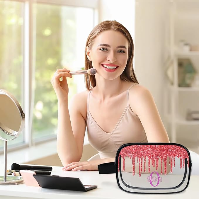 Custom Clear Travel Cosmetic Bag with Name, Personalized Transparent Large Capacity Weekend Toiletry Bag Portable Bathroom Makeup Organizer, Shiny Sparkly Fluid Shape Red Glittering