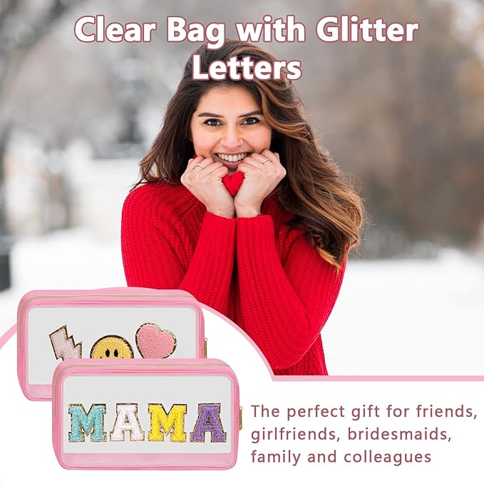 Iqimott Clear Patch Makeup Bag Mama Pouch, Preppy Personalized Chenille Letter Cosmetic Pouch for Travel, Nylon Waterproof Travel Essentials Zipper Toiletry Bags for Women Girls(MAMA, Pink)