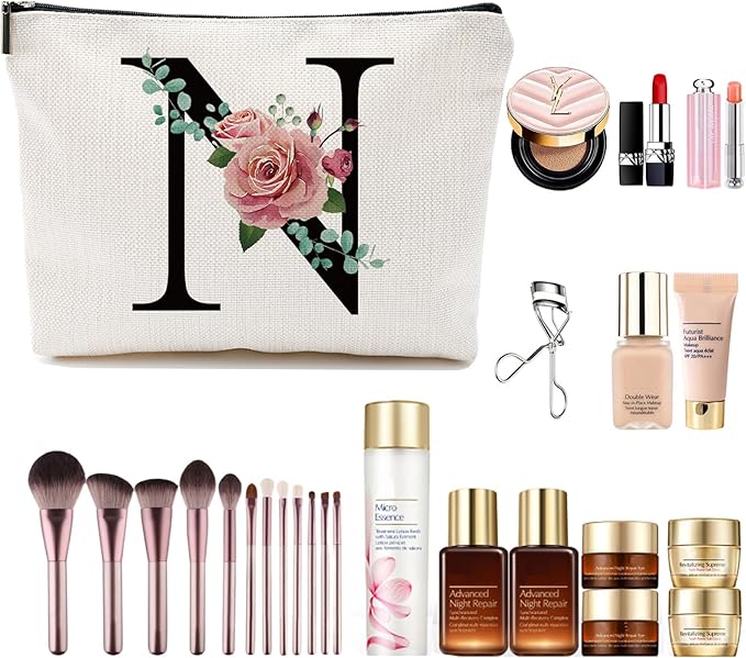 Initial A-Z Personalized Letter Makeup Bag, Monogrammed Bridesmaid Gifts/Presents Cosmetic Bag, Portable Stationery Storage Organizer Pouch, Friendship Love Travel Makeup Bags