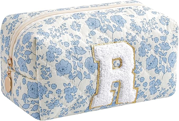 Gleyemor Personalized Initial Makeup Bag for Women, Cute Quilted Blue Floral Cotton Cosmetic Bag, Christmas Gifts for Her Mom Friend Sister Bridesmaid Teacher Women R