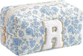 Gleyemor Personalized Initial Makeup Bag for Women, Cute Quilted Blue Floral Cotton Cosmetic Bag, Christmas Gifts for Her Mom Friend Sister Bridesmaid Teacher Women R