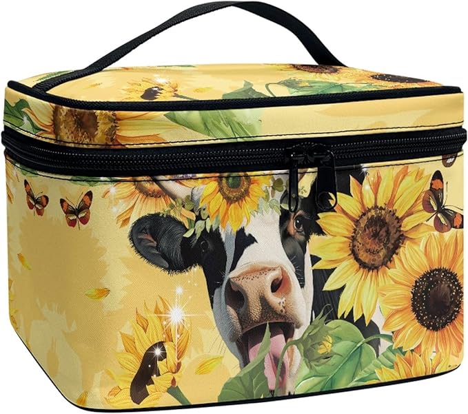 Cute Sunflower Cow Print Travel Makeup Bag for Women Yellow Large Capacity Cosmetic Bag with Zipper and Handle Portable Brushes Case Toiletry Bag Make Up Organizers and Storage Bags