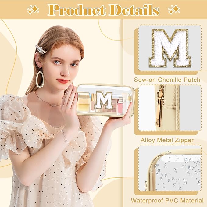 Personalized Initial Letter Clear Makeup Bag,Preppy Small Nylon&PVC Cosmetic Zipper Bag with Chenille Letter,Portable Beach Travel Skincare Toiletry Bag,Trendy Monogram Gift for Teen Girls Women,M