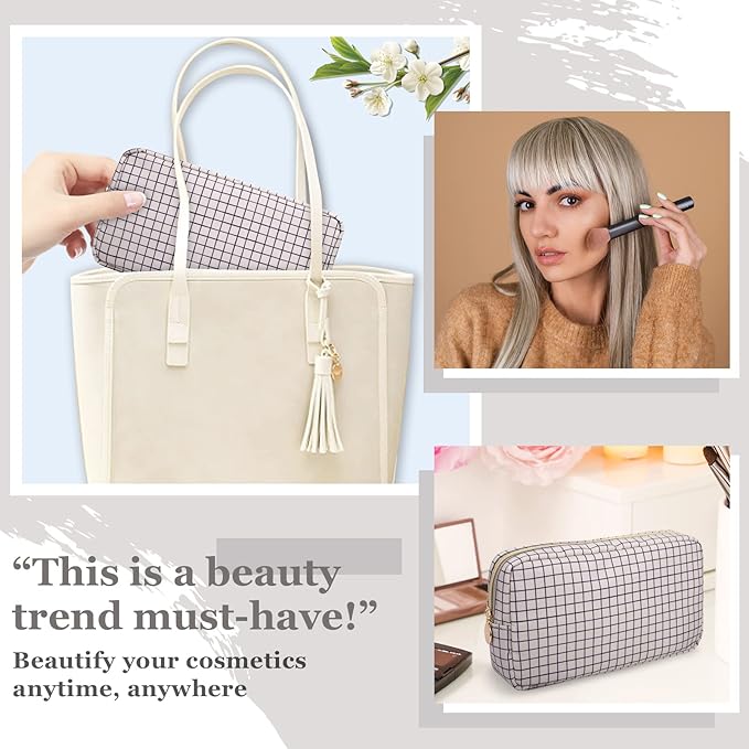 Nylon Small Makeup Bag for Purse, Cute Checkered Makeup Bag Preppy Cosmetic Zipper Pouch Purse, Waterproof Portable Travel Toiletry Bag Clutch Make Up Brush Bag Organizer for Women Girls(Checkered)