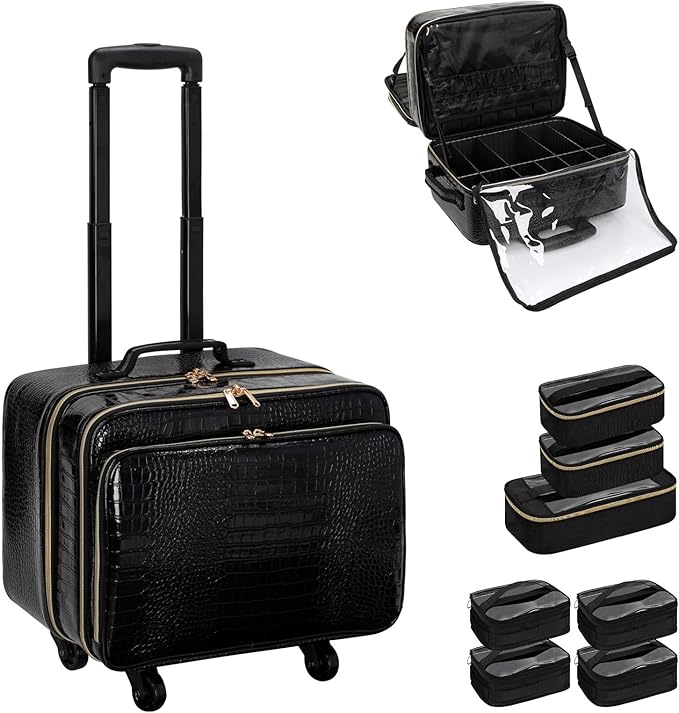 OCHEAL Rolling Makeup Train Case,with 7 Pcs Clear Makeup Bags, 18" Carry On Travel Cosmetic Organizer Suitcase,Extra Large Storage Trolley Makeup Case On Wheels for Hairstylist Cosmetology Artist