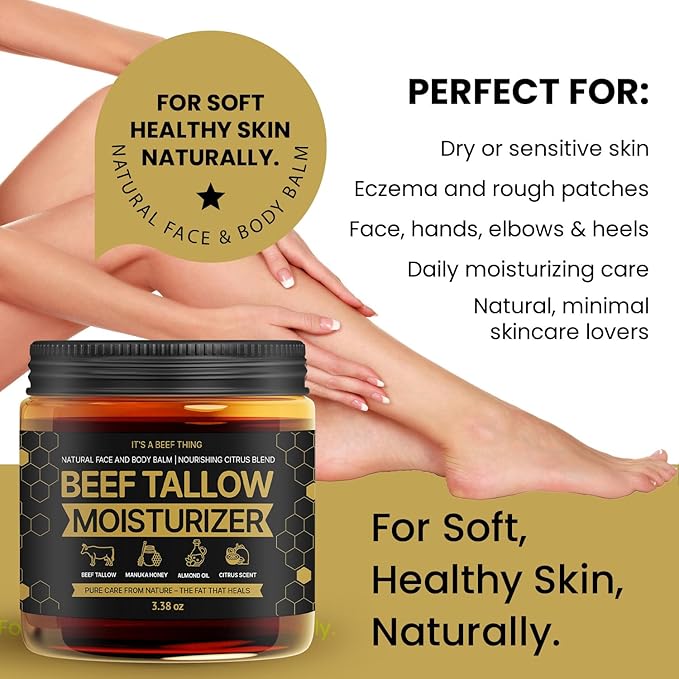 100% Grass-Fed Beef Tallow Balm with Manuka Honey, Almond Oil & Light Citrus Scent – Organic Whipped Moisturizer for Hydrating Face, Body & Dry Skin (3.38oz)