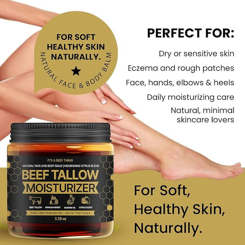 100% Grass-Fed Beef Tallow Balm with Manuka Honey, Almond Oil & Light Citrus Scent – Organic Whipped Moisturizer for Hydrating Face, Body & Dry Skin (3.38oz)