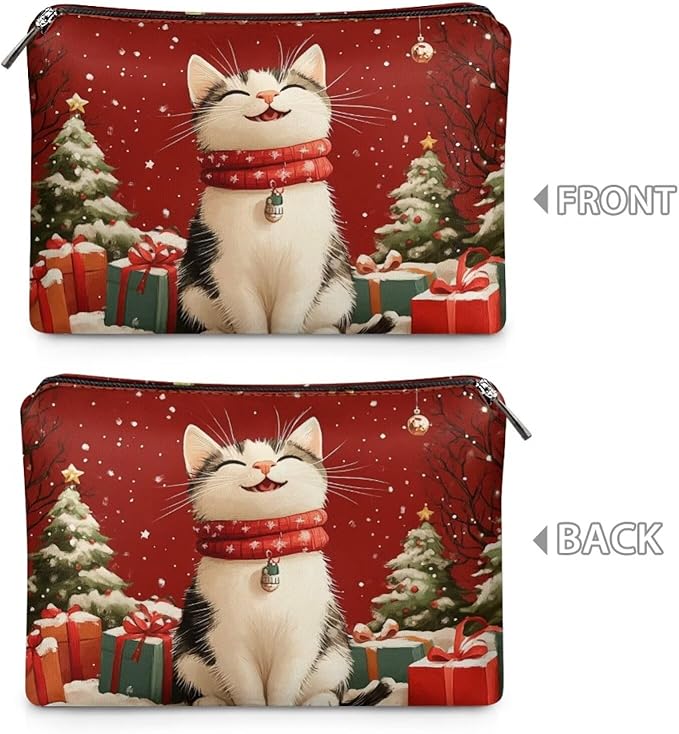COEQINE Christmas Cat Makeup Bags for Women Travel Leather Make Up Pouch Portable Cosmetic Bag Waterproof Travel Makeup Case Organizer for Womens Birthday Xmas Gifts Toiletry Handbag for Holiday