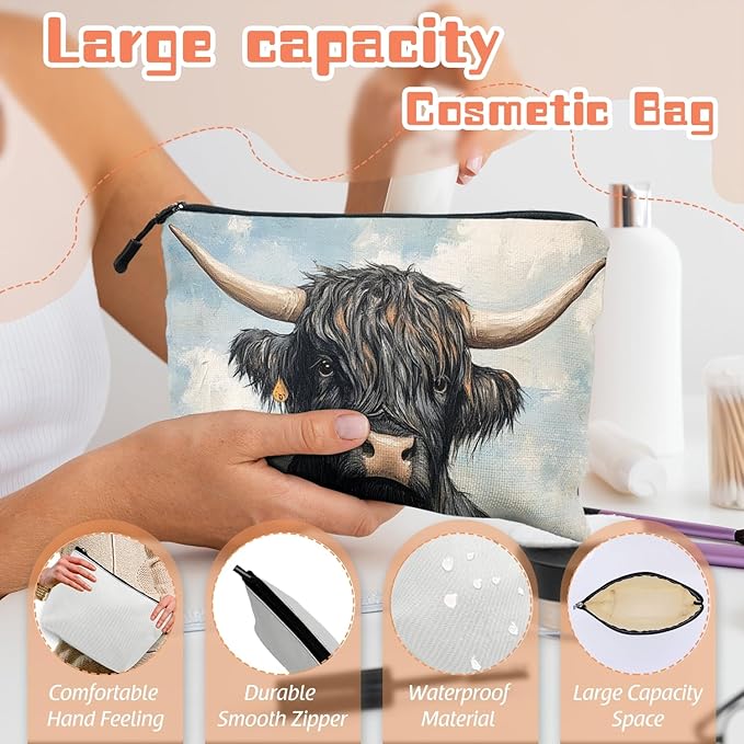 Cosmetic Bags Travel Makeup Toilet Case Waterproof Pouch for Women Girls 6.7X9.45inches - Black Yak With Large Horns in A Flower - Filled Meadow