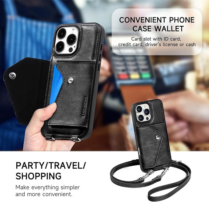 LUCKYCOIN Crossbody Wallet Phone Case for iPhone 16 Pro Max,100% Genuine Leather Wallet Phone Case with Expandable Flip Card Holder,Phone Purse for Women with Adjustable Removable Strap - Black