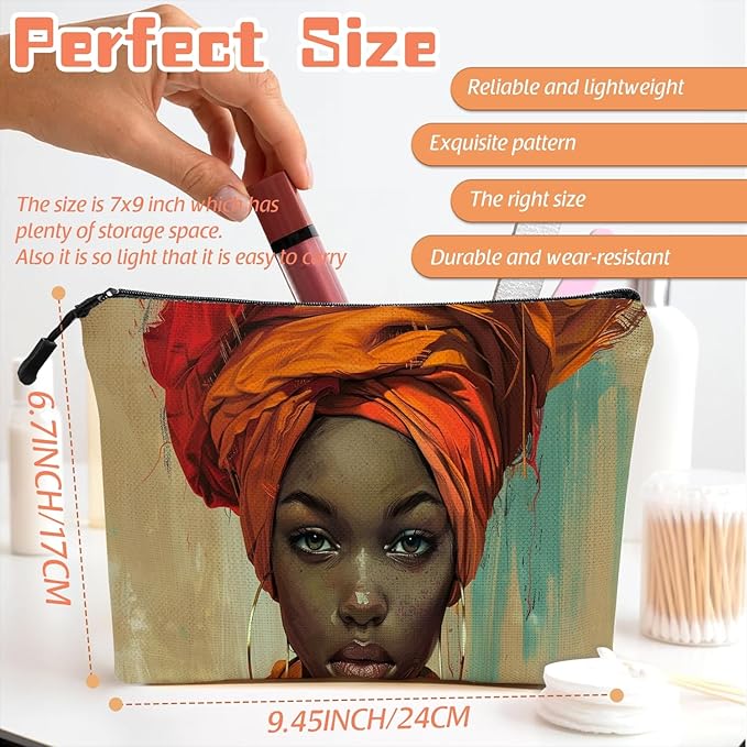 Cosmetic Bags Travel Makeup Toilet Case Waterproof Pouch for Women Girls 6.7X9.45inches - Orange Turban And The Intense Gaze of A Lady