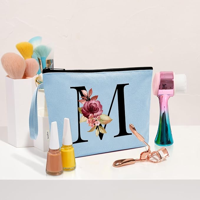 Vavabox A-Z Personalized Makeup Bag, Birthday Gifts for Women Mom, Gifts for Best Friend, Bride Bridesmaid Cosmetic bag (M, Blue)