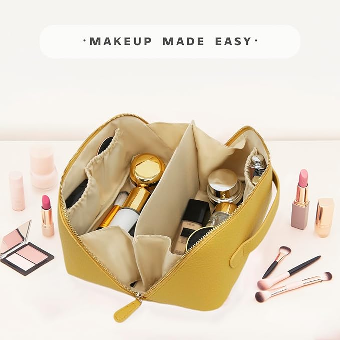 Travel Makeup Bag – Large Cosmetic Organizer with Waterproof PU Leather, Smooth Double Zipper & Tear-Resistant Lining, Toiletry Pouch for Women (Yellow)