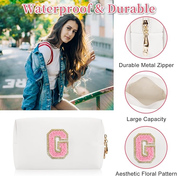 Personalized Initial Letter Patch Makeup Bag, Preppy Portable Chenille Letter Cosmetic Bag with Zipper, PU Leather Waterproof Travel Toiletry Bag Monogram Make Up Pouch for Women Girls(Letter G)