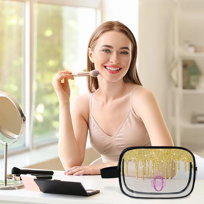 Personalized Clear Makeup Bag with Name, Transparent Travel Cosmetic Bag for Women, Friends, Mother's Day, Bridesmaid, Bride, Wedding, Graduation, Yellow Glitters Water Fluid Shape Sequins