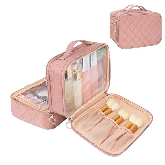 OCHEAL Clear Makeup Bag, Double Layer Cosmetic Bag, Large Capacity Minimalist Cosmetic Case for Women Travel Beauty Essentials, Multiple Compartments Makeup Case Organizer Zipper Pouch -Nude Pink
