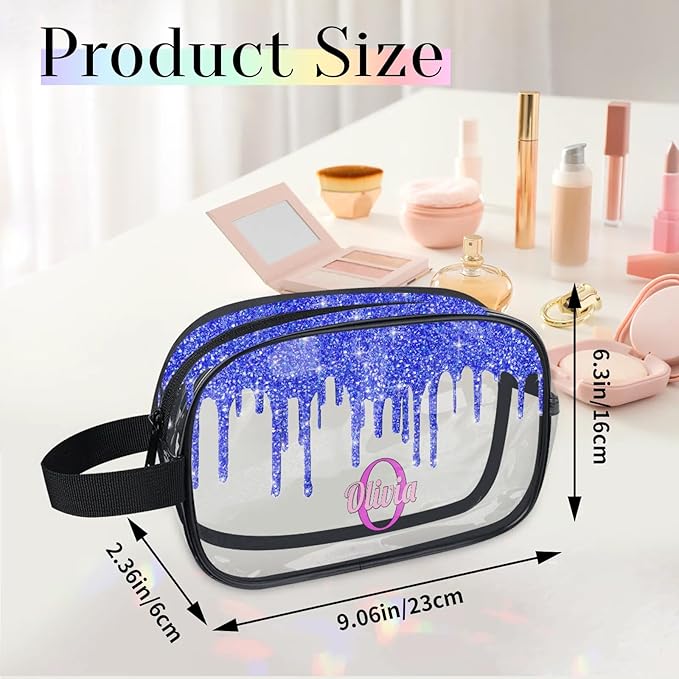 Personalized Clear Makeup Bag with Name, Best Friends Teen Women Mom Birthday Gift Transparent PVC Toiletry Travel Bag for Toiletries, Shiny Bling Royal Blue Fluid Shape Glittery