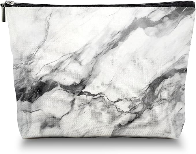 Makeup Bag Travel Cosmetic Bags Small Makeup Case Waterproof Zipper Pouch for Women Girls 7X9inches - Bold Black - Veined White Marble