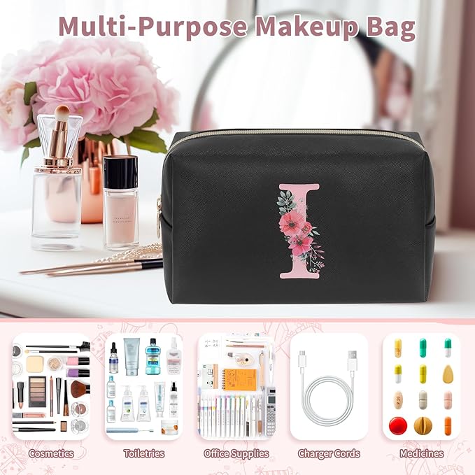 Personalized Initial Makeup Bag, Birthday Gifts for Women and Girls, Small Makeup Pouch Travel Toiletry Bag, Make Up Organizer Bag Gift Trendy Stuff for Friend Mom Teacher, Black