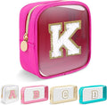 Mini Clear Personalized Initial Makeup Bag,Nylon Preppy A-Z Chenille Letter Patch Zipper Cosmetic Bag, Small Cute Beach Pouch Travel Purse Sanitary Napkin Storage Bag for Women Girls(Hot Pink-White K)