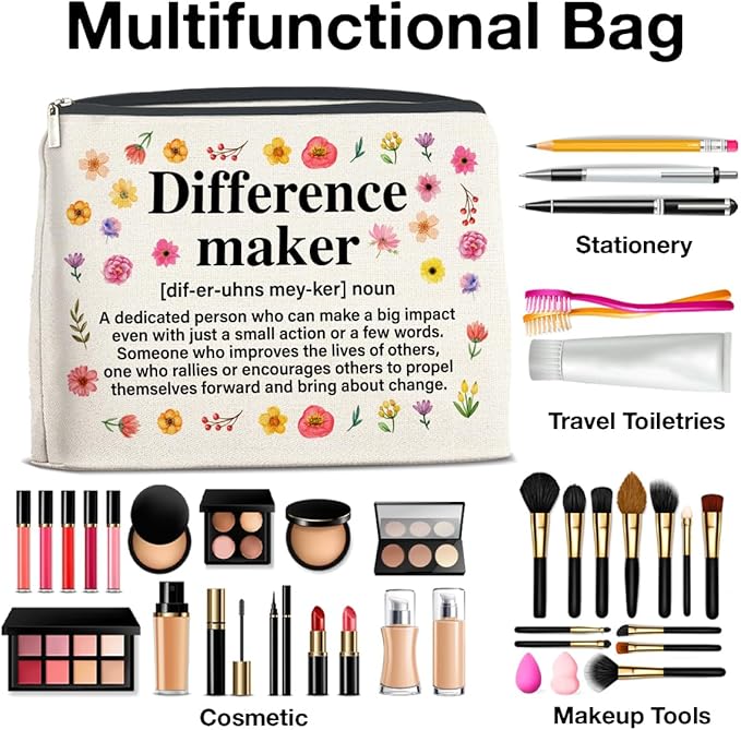 Difference Maker Gifts Makeup Bag, Thank You Appreciation Gifts for Women Teacher Boss Leader Coworker, Difference Maker Definition Zipper Makeup Pouch