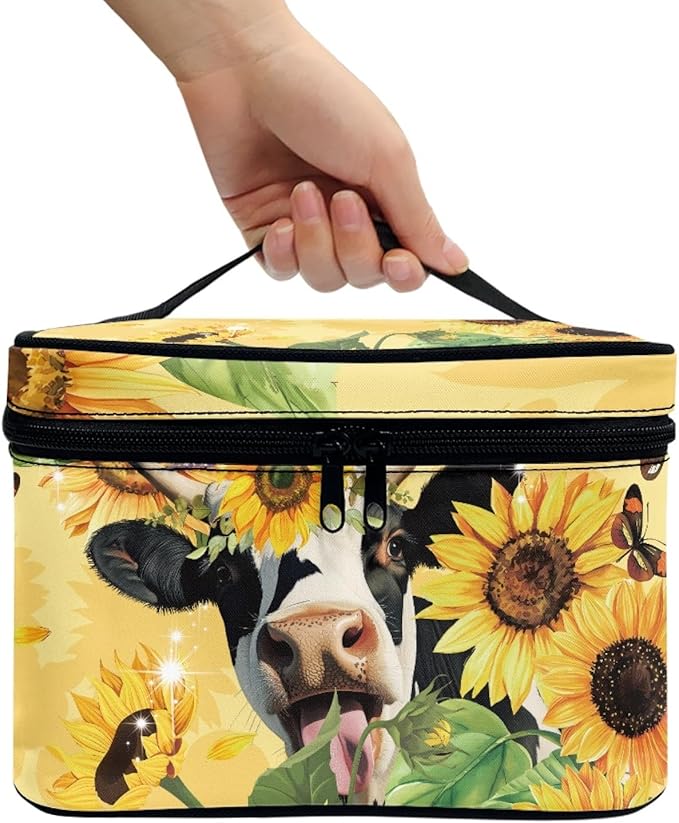 Cute Sunflower Cow Print Travel Makeup Bag for Women Yellow Large Capacity Cosmetic Bag with Zipper and Handle Portable Brushes Case Toiletry Bag Make Up Organizers and Storage Bags