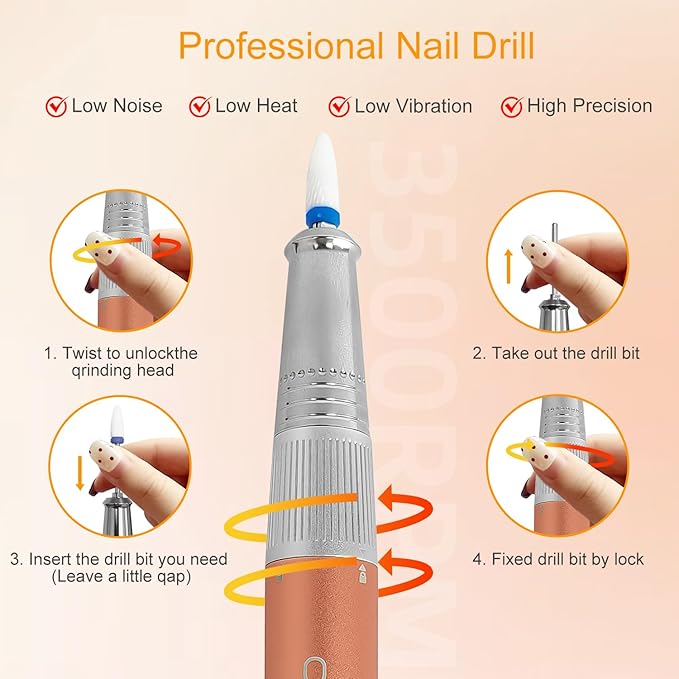 Electric Professional Nail Drill 35000RPM Cordless Portable Nail E-File Buffer Tools with Bits Perfect for Salon Manicure Pedicure Acrylic, Gel, Natural Nails(Rose Gold)