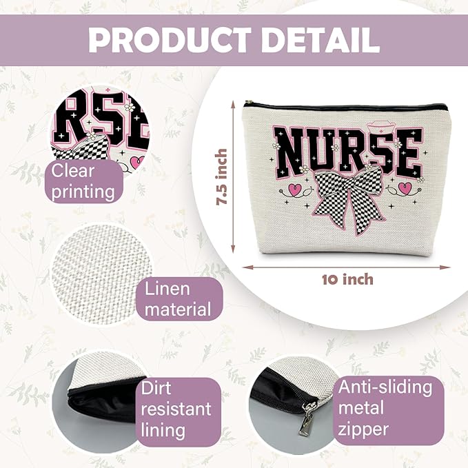Coquette Black and White Plaid Bow Nurse Makeup Bag, Nurse Gifts for Women Cosmetic Bags, Nurse Week Gifts Makeup Pouch, Nurse Appreciation Gifts Zipper Pouch