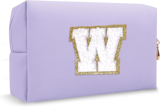 Small Travel Initial Preppy Makeup Bag, Chenille Letter Cute Purple Cosmetic Organizer Toiletry Zipper Pouch, Waterproof Make Up Case Storage Personalized Wedding Gift for Brides Bridesmaids(Letter W)