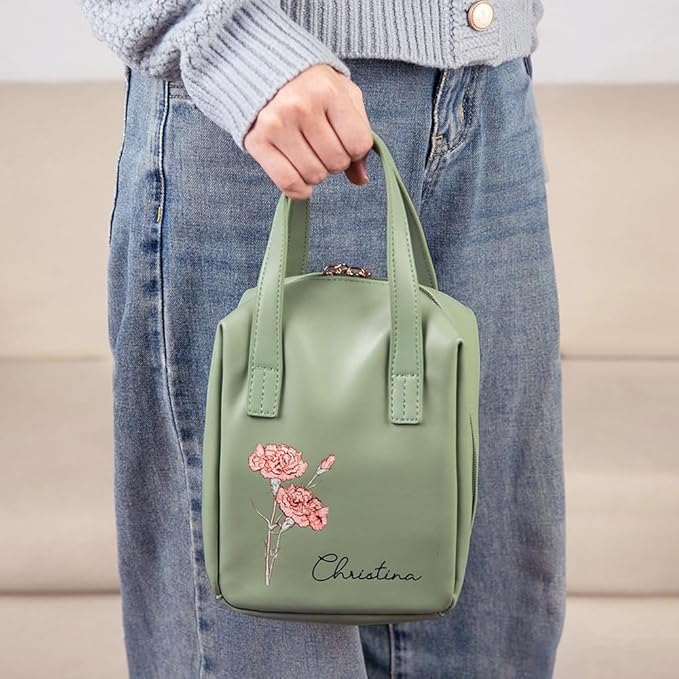 Custom Name Leather Makeup Bag Travel Toiletry Bag with Birth Flower Handle Personalized Make Up Storage Bags for Women Large Capacity Cosmetic Bag Organiser Vanity Case Womens Toiletries Wash Bags