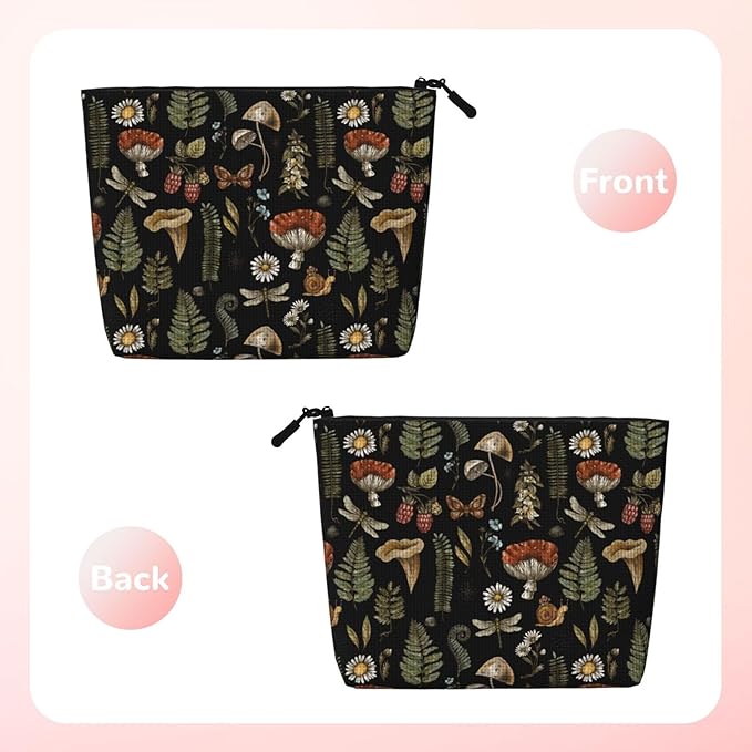 MOLAIGIN Wicthcrafts Red Mushroom Leaf Dragonfly Cosmetic Bag For Women, Travel Makeup Bag, Toiletry Zipper Bag, Large Capacity Aesthetic Cases