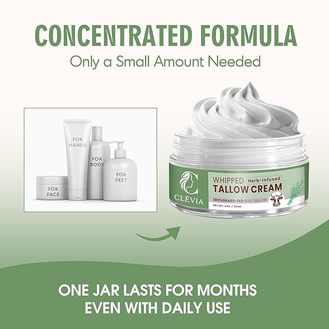 Anti-Wrinkle Whipped Beef Tallow Cream 4 oz - Natural Whipped Tallow Balm Infused with Herbal Extracts & Organic Jojoba Oil - Grass Fed Tallow Moisturizer for Deep Hydration | Herb-Infused Unscented
