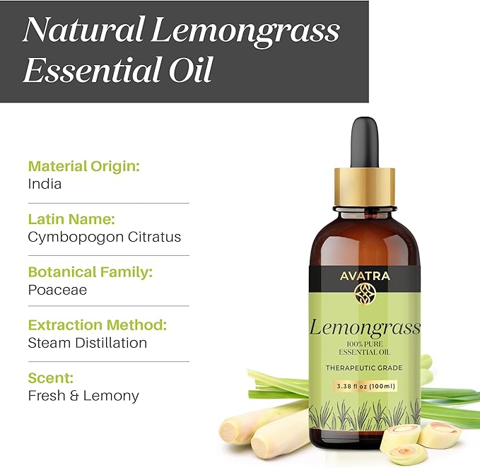 Avatra Lemongrass Essential Oil 100ML (3.38 OZ) with Glass Dropper and Travel Bottle, Pure and Natural Therapeutic Grade Lemongrass Oil for Diffuser, Aromatherapy, Massage, and DIY Candle Products