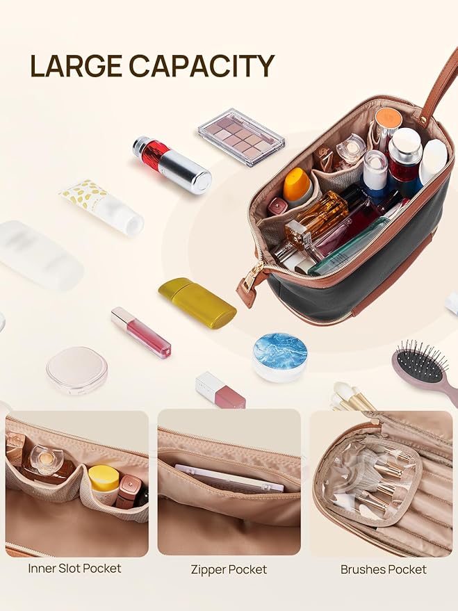 Telena Makeup Bag Large Capacity Travel Cosmetic Bag Portable PU Leather Water Resistant Makeup Organizer Bags for Women with Handle and Divider Open Flat (3-Black with Brown)