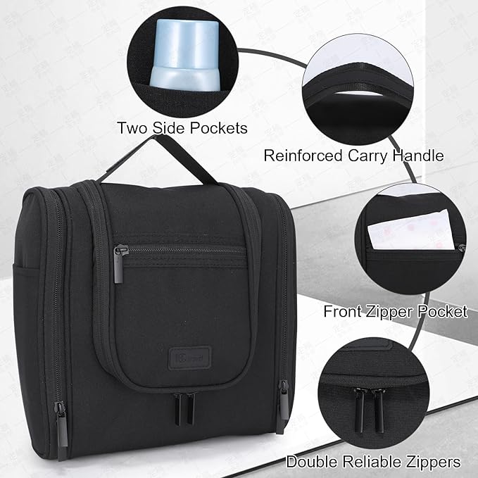 Hanging Toiletry Bag with Hook, Travel Cosmetic Makeup Bag Organizer for Accessories, Shampoo, Shaving Bag for Toiletries Accessories,Travel Essentials Kit (Black)