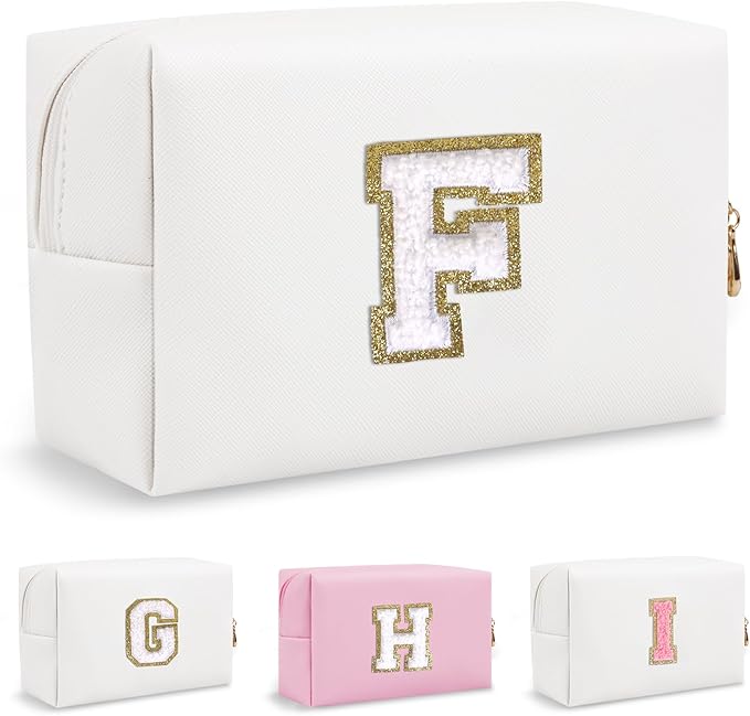 Small Initial Preppy Makeup Bag, Personalized Travel Cosmetic Organizer Chenille Letter White Toiletry Zipper Pouch, Portable Waterproof Makeup Case Birthday Gifts for Female Friends Mom(Letter F)